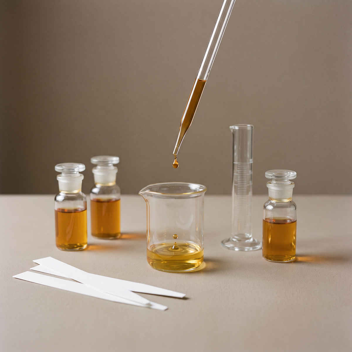 Pipette dosiert Duftoel in ein Laborglas