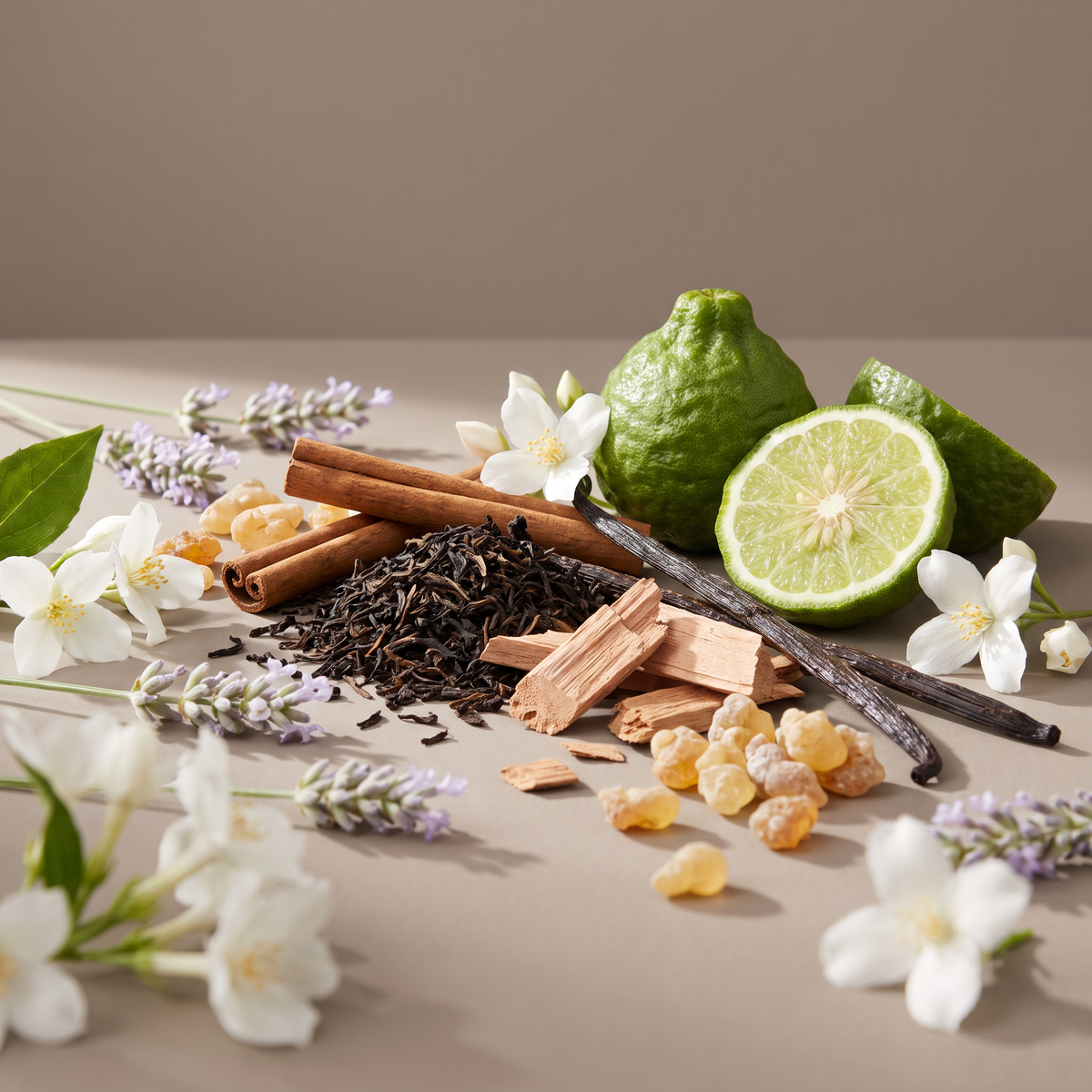 Rohstoffe: Jasmin, Lavendel, Zimt, Sandelholz und Weihrauch